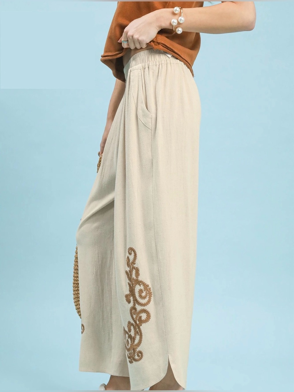 Umgee Linen Embroidered Wide-Leg Boho Pants - Picture 2 of 6